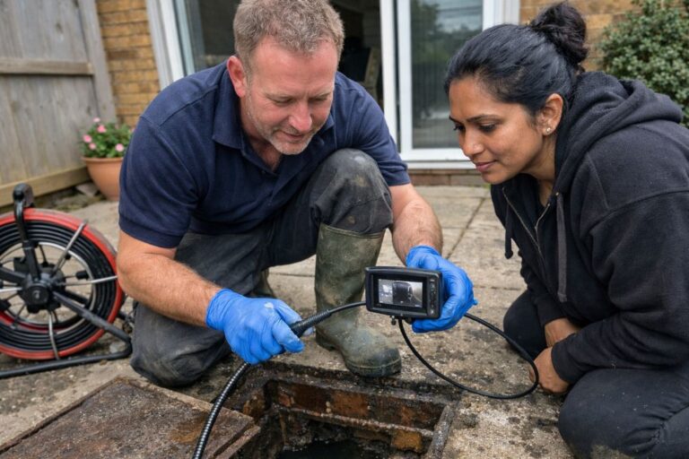 an illustrative image of a a drainage contractor wearing wellies and protective gloves, using tools to inspect a residential drain with the help of a small camera device