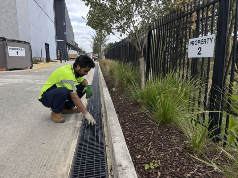 an illustrative image of a business premises with maintenance staff inspecting an exterior drain along a property boundary