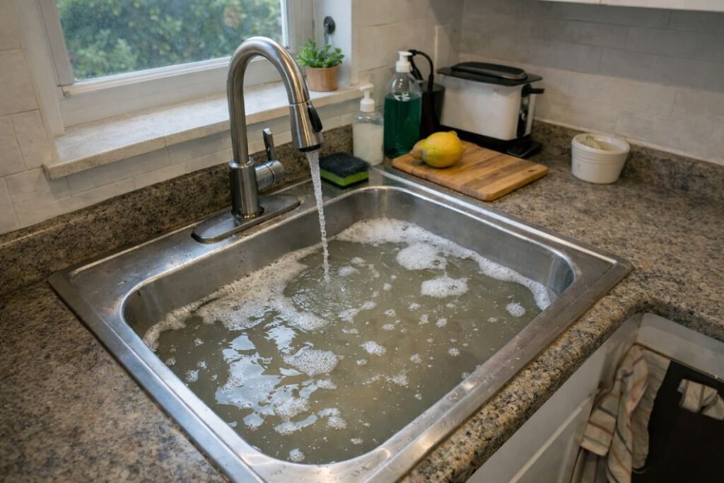 an illustrative image of a domestic kitchen sink with water backed up