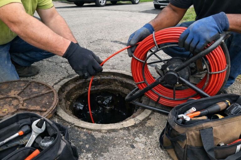 an illustrative image of a drainage camera cable being fed into an inspection chamber on a residential street,