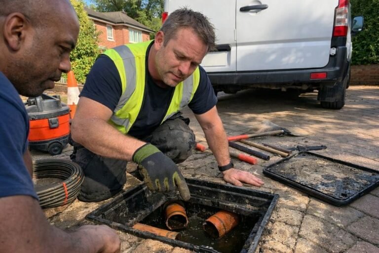 an illustrative image of a drainage contractor examining an exposed outdoor inspection chamber on a residential driveway