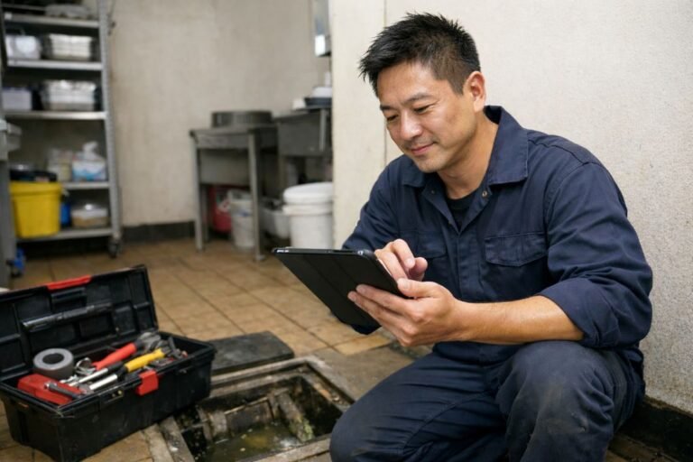 an illustrative image of a drainage professional kneeling beside a grease trap in a restaurant back room, using a tablet to take notes
