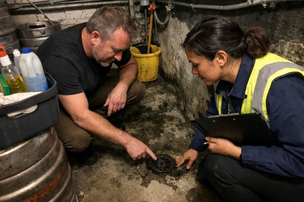 an illustrative image of a pub manager talking with an Environmental Health Officer in a cellar, both examining damp patches near a drainage outlet