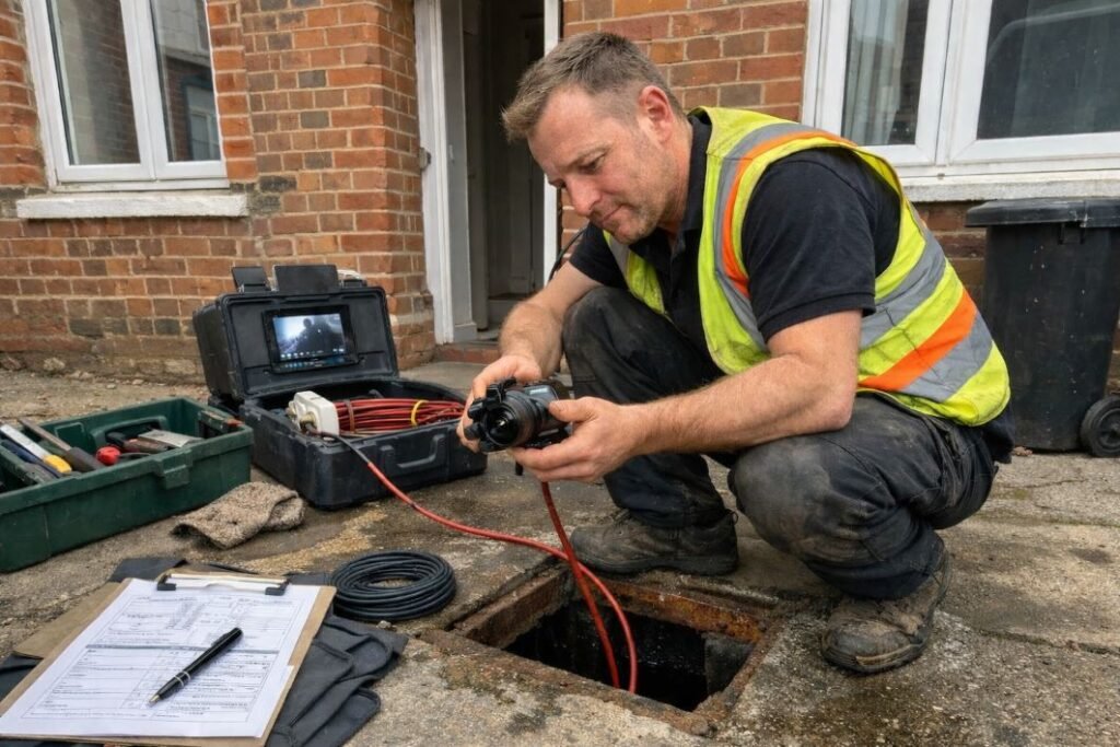 an illustrative image of drainage engineer setting up a compact CCTV camera by an outdoor drain