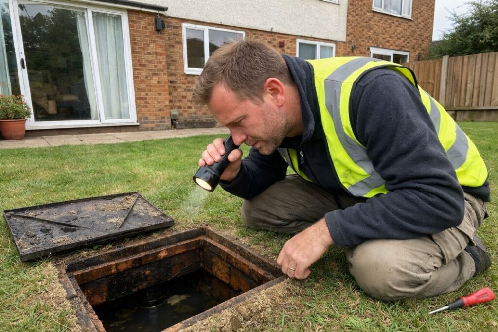 an illustrative image of surveyor kneeling beside an outdoor inspection chamber in the back garden of a British 1970s semi-detached property